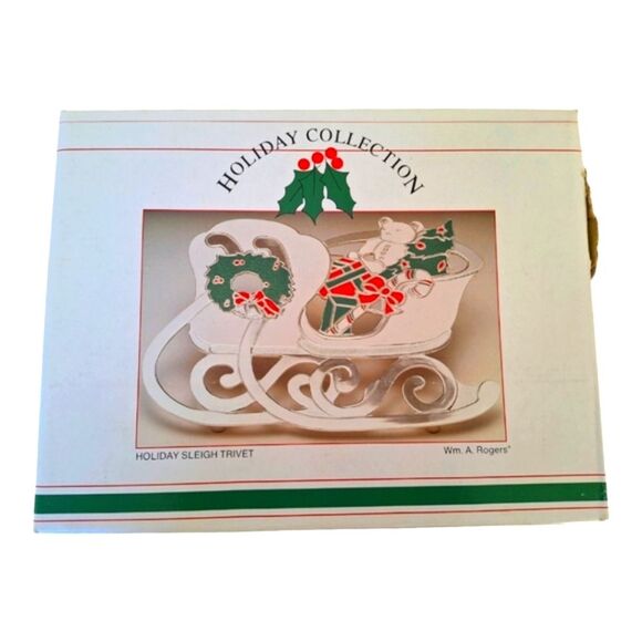 Vintage Silver Plated Holiday Sleigh Trivet Enamel Hot Plate Never Used - Picture 2 of 11